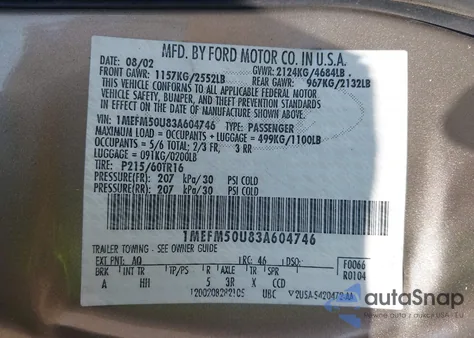 2003 Mercury Sable Gs z USA, uszkodzony, nr VIN 1MEFM50U83A604746